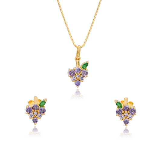Conjunto Cacho de Uva Cravejado com Zircônias | Folheado Ouro 18K