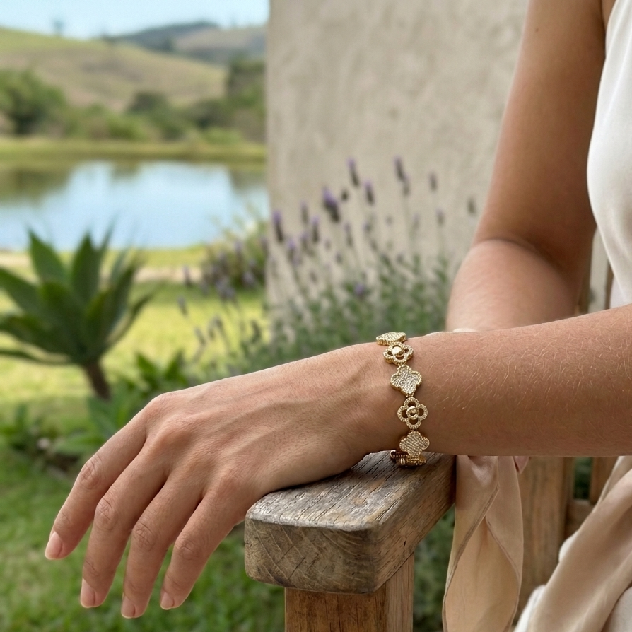 Pulseira Trevo 4 Folhas Cravejada com Zircônias | Folheado Ouro 18k