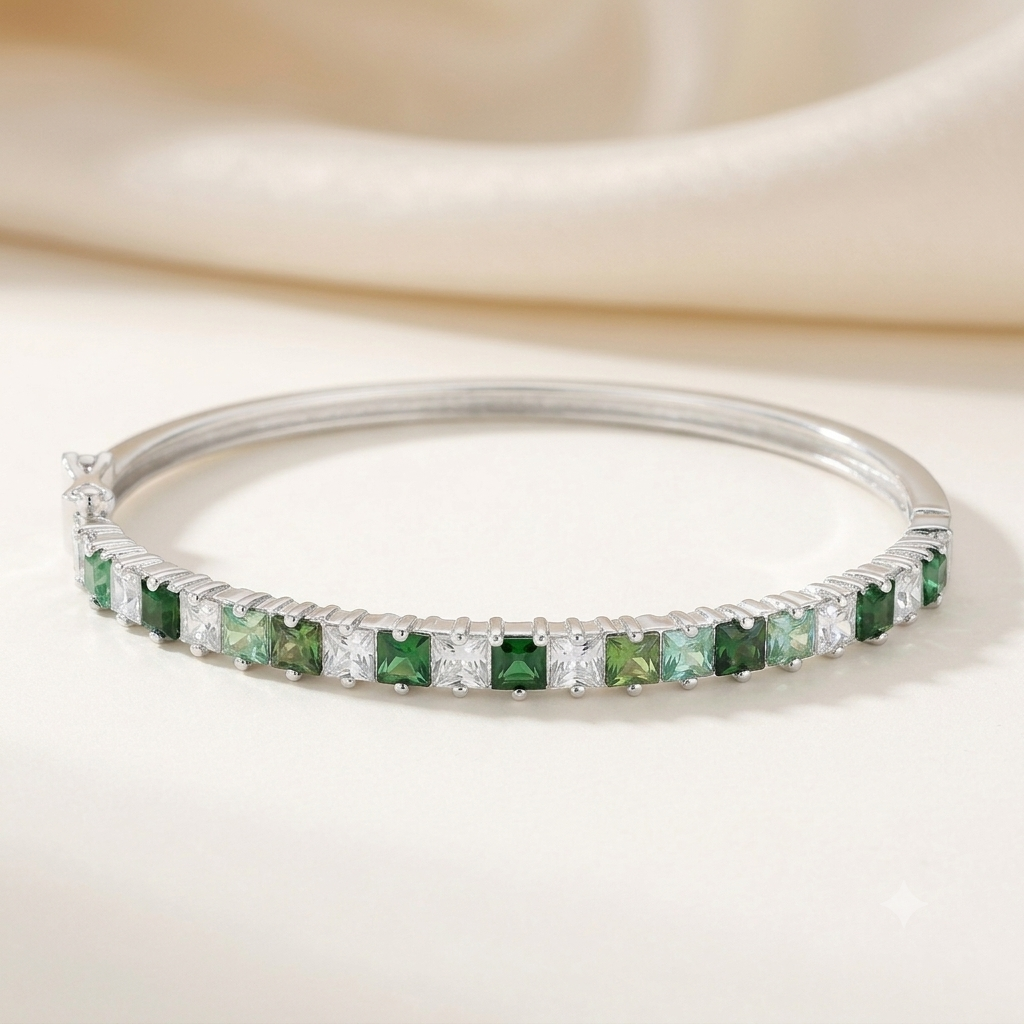 Bracelete Riviera com Zircônias Quadradas Verdes | Folheado Prata 1000