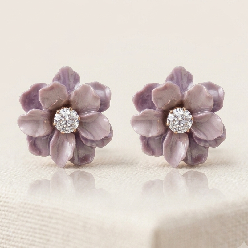Brinco Flor com Ponto de Luz de Zircônia | Folheado Ouro 18k - Lilás
