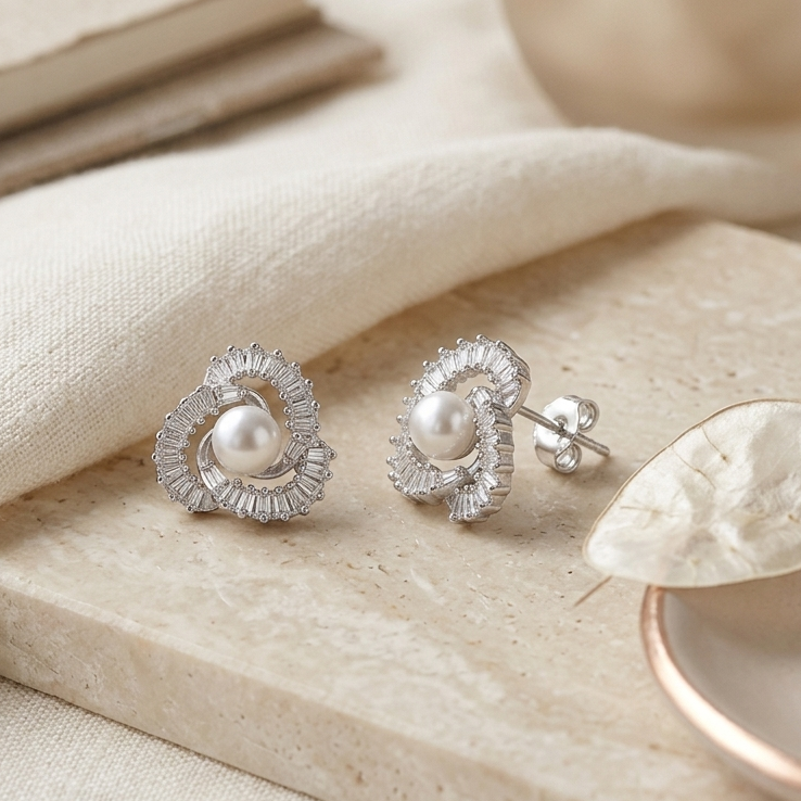 Brinco Flor Cravejada com Pérola e Zircônias | Folheado Ródio Branco