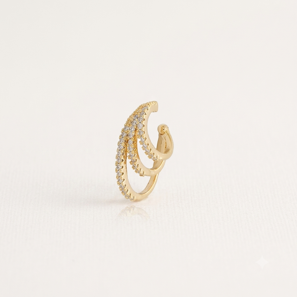 Brinco Piercing Fake 3 Fios com Zircônias | Folheado Ouro 18k