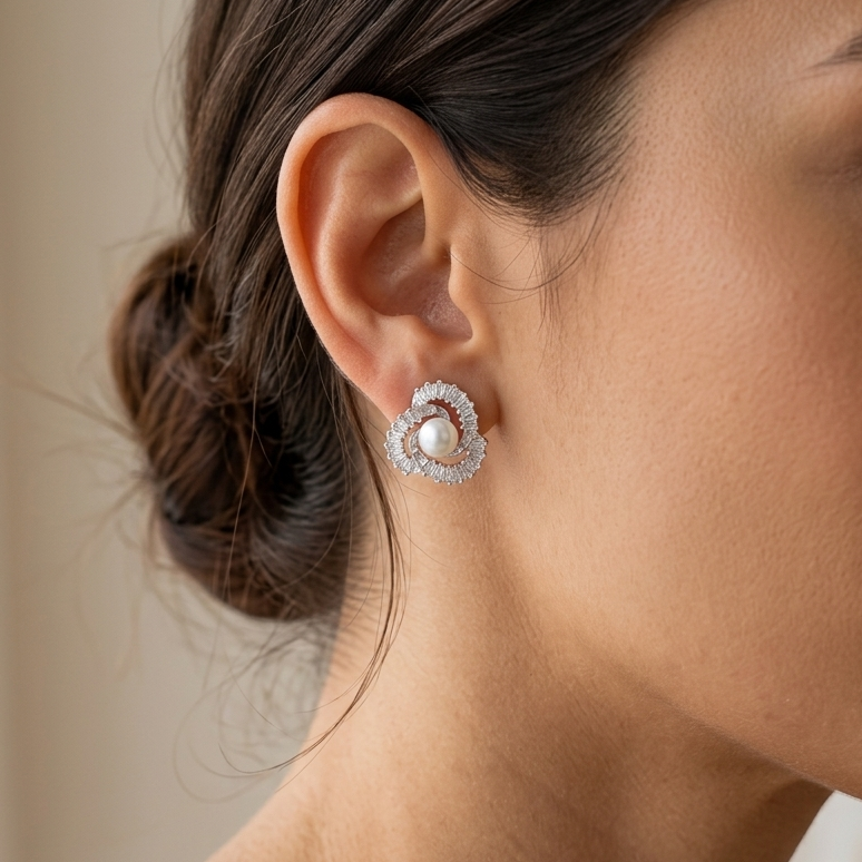 Brinco Flor Cravejada com Pérola e Zircônias | Folheado Ródio Branco