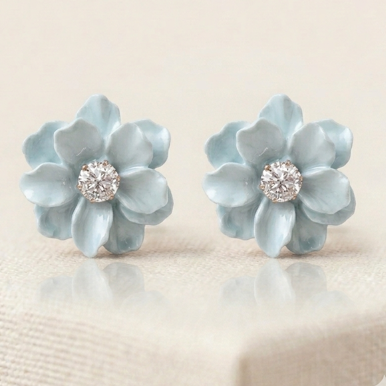 Brinco Flor com Ponto de Luz de Zircônia | Folheado Ouro 18k - Azul