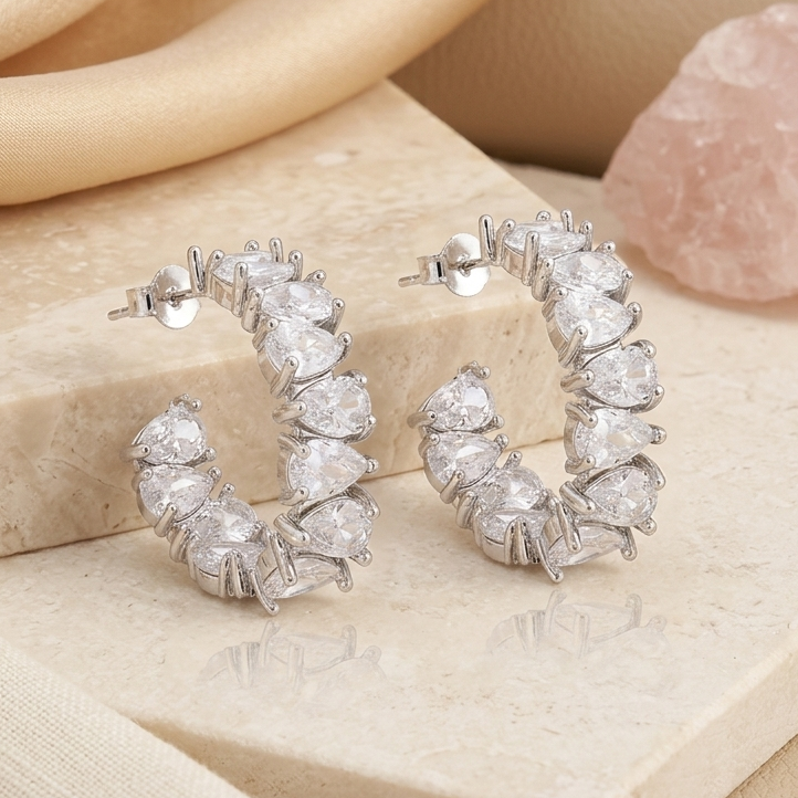 Brinco Argola Cravejada com Gotas de Zircônias | Folheado Ródio Branco