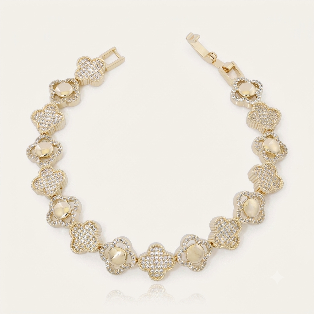 Pulseira Trevo 4 Folhas Cravejada com Zircônias | Folheado Ouro 18k