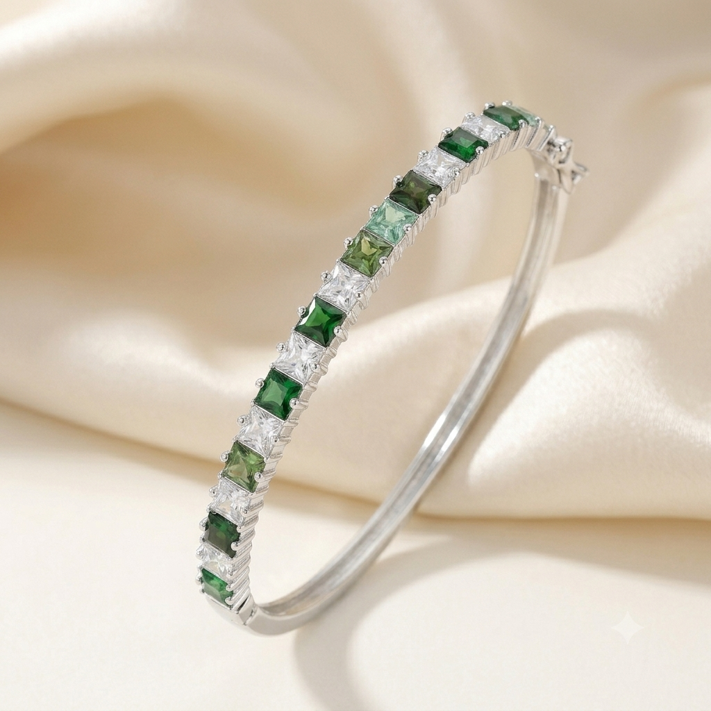 Bracelete Riviera com Zircônias Quadradas Verdes | Folheado Prata 1000