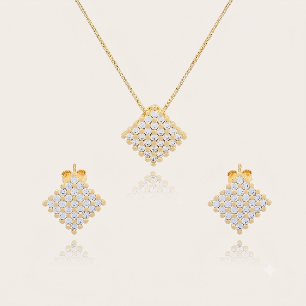 Conjunto Quadrado Cravejado com Zircônias | Folheado Ouro 18K